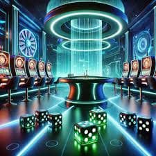 Dealer profesional mengawasi permainan di ruang live casino yang glamor